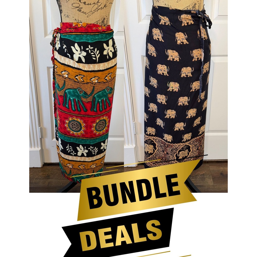 Lot of 2 K.Pakarang Elephant Print Wrap Maxi Skirts Boho Rayon Multi Black EUC